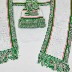 ชุดผ้าพันคอไหมพรมยาวพรีเมียมสีขาว AKA พร้อมหมวกปอมปอมลายทางสีเขียวแอปเปิ้ล 100% อะคริลิก ชุดสำหรับฤดูหนาว - Product Image 3