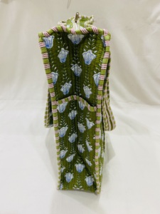 Green Floral Quilted 100% Cotton Tote <b>Bag</b> with Zipper Closure Long Handle <b>Medium</b> <b>Size</b> for Groceries From Rajasthan - Product Image 2