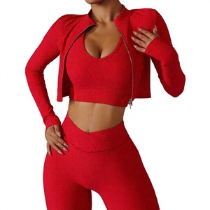 <b>Red</b> Ribbed Yoga Set Women 2 Piece <b>Crop</b> <b>Top</b> With Zipper Jacket High Waist Leggings Sport Fitness Workout Clothes - Product Image 5