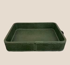 Plateau de service rectangulaire en bois et cuir émaillé, plateau à cocktails haut de gamme, compatible lave-vaisselle, Art Contemporain, Exportations Empire - Product Image 3