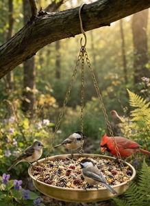 Mangeoire à oiseaux suspendue en laiton pour l'extérieur, abreuvoir en laiton, support pour aliments pour oiseaux, parfait pour la décoration de jardin et l'alimentation des oiseaux. - Product Image 6