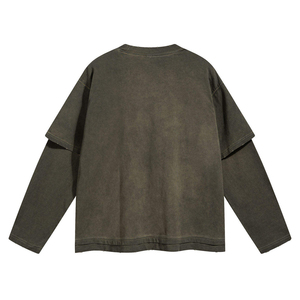 T-shirt décontracté à manches longues superposé, effet délavé, en jersey épais, tissu en coton texturé, maquette - Product Image 2