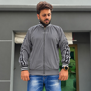 <b>Men's</b> Gray Racer <b>Velvet</b> <b>Jacket</b> Solid Color Zipper Closure Casual Style Stand Collar Polyester Material Autumn Wear For Boys - Product Image 1