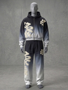 Ensemble de survêtement pour homme en polyester satiné marron avec fermeture éclair, imprimé lettres, coupe ample, style streetwear, 2 pièces, vintage, respirant, délavé à l'acide, avec poches - Product Image 5