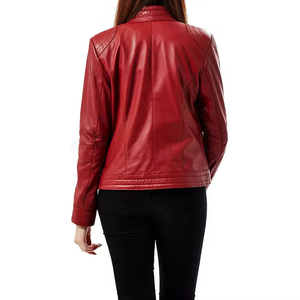 Women's Genuine Leather Moto <b>Jacket</b> Stand Collar Full Sleeve Zipper Closure Autumn Solid Color <b>Biker</b> <b>Jacket</b> - Product Image 6