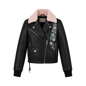 Nouvelle veste de motard en cuir véritable noir pour femmes avec broderie florale et col en fausse fourrure - Product Image 1