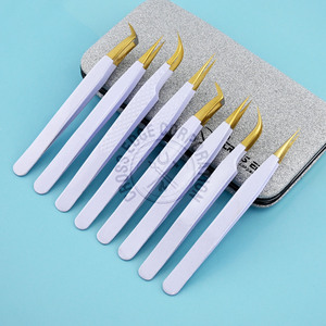 Hot Sale Popular White with Gold Tip Eyelash Extension Fiber Tip Tweezers 90 45-degree Stainless Steel Nonslip Lash Tweezers - Product Image 2
