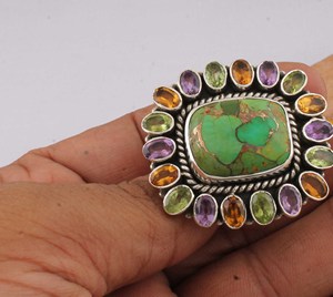 Anillo de Plata de Ley 925 con Turquesa Verde Natural y Múltiples Piedras Preciosas, Anillo de Piedras Mixtas, Estilo Vintage, Colorido - Product Image 3