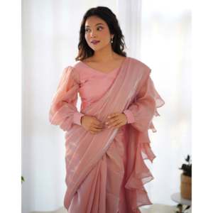 Hermoso Saree Rosa XS con Mangas Abullonadas y Cuello en V, 100% Poliéster con Bordado de Encaje para Fiestas - Product Image 5