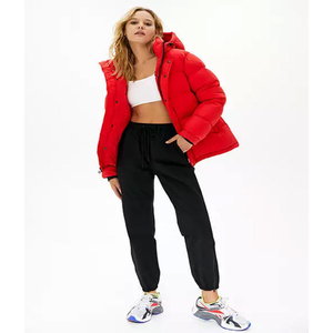 Women's Red <b>Quilted</b> Hooded Jacket Full Sleeve Thick Polyester <b>Wadding</b> Windproof Winter Coat with Pockets - Product Image 4