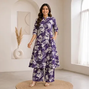 Ensemble Kurta Plazo pour femmes, en coton violet à imprimé floral, coupe trapèze, manches trois quarts, col mandarin, tenue décontractée ethnique traditionnelle - Product Image 4