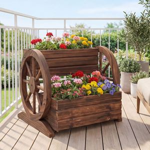 <b>Rustic</b> Wood 2-Tier Raised Garden <b>Bed</b> Wagon Shape with Drainage Holes and Wheels for Flower Pots & Planters - Product Image 1