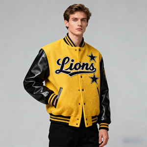 Blouson universitaire homme jaune et noir en laine avec manches en PU, patch étoile, style baseball, bordure côtelée rayée, fermeture à boutons-pression – Vente en gros - Product Image 3