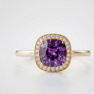 Bague en argent 925 plaqué or rose avec zircon violet taille coussin et halo de pierres, sertie griffes, tendance pour femme, cadeau de mariage ou de fête - Product Image 1