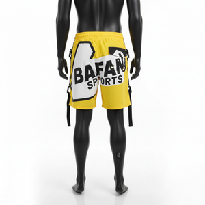 กางเกงว่ายน้ำชายผ้าไมโครไฟเบอร์โพลีเอสเตอร์อย่างดี สีเหลืองสด ด้านข้างมีสายรัดแบบคาร์โก้ พิมพ์ลายโลโก้ด้วยเทคนิคฮีททรานเฟอร์ - Product Image 2