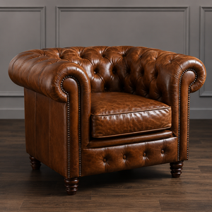 Fauteuil Chesterfield élégant en cuir marron vintage avec garniture cloutée, fauteuil d'appoint de luxe pour salon - Product Image 1