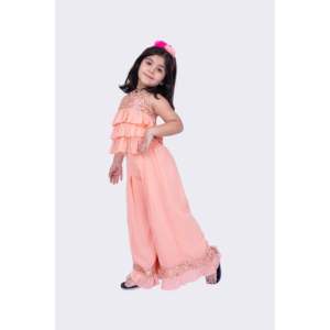 Women's Embroidered Georgette Sleeveless <b>Top</b> and Palazzo Set in <b>Peach</b> - Product Image 4