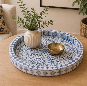 Plateau de service de luxe en os incrusté pour thé et café, plateau de rangement floral haut de gamme pour table basse, ottoman, coiffeuse - Product Image 5