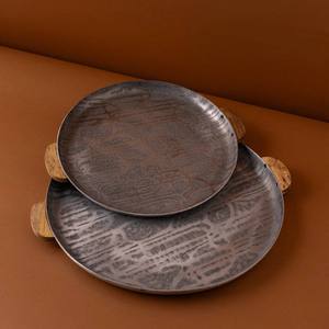 Handcrafted <b>Black</b> Textured Oval Decorative <b>Tray</b> With Green Floral Border For Modern Living Room Centerpiece and Vanity Decor - Product Image 3