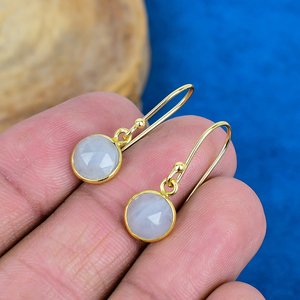 Natural White Sapphire Round Shaped Gemstone Drop Dangle <b>Handmade</b> <b>Earrings</b> 18k Micron Gold Over 925 Sterling Silver - Product Image 3