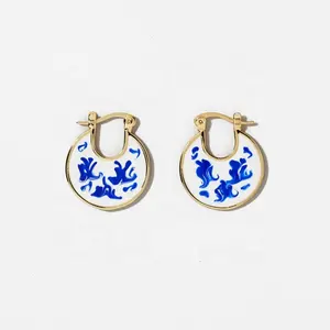 Vintage womens blue and white porcelain jewelry Ethnic Marble Blue Enamel Oil Drip Ceramic Huggie Hoop Earring