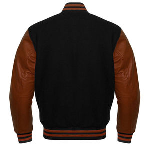 Men's Black Wool Varsity <b>Jacket</b> With Brown Leather Sleeves And Horn Buttons Casual Autumn Wear - Product Image 3