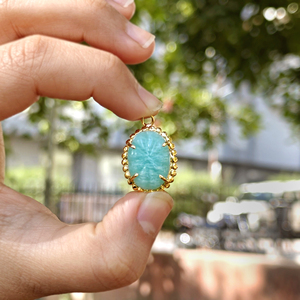 Pendentifs en Amazonite Naturelle, Plaqué Or 18K, Laiton Sculpté à la Main, Pierre Ovale Sertie à Griffes, Connecteur à Simple Bélière pour Fabrication de Bijoux - Product Image 5