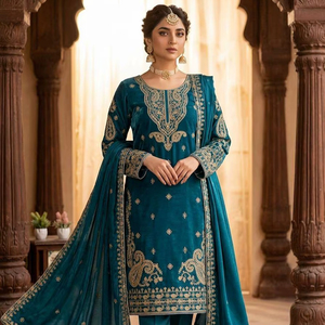 Designer Glass Roman Suit Set with Cording & <b>Sequin</b> Embroidery Kurta Plazzo Dupatta Collection - Product Image 1