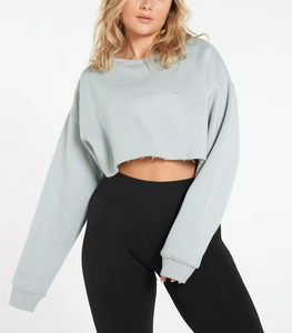 Sweat-shirt court oversize pour femme, idéal pour l'entraînement sportif, avec ourlet brut et capuche – Vente en gros - Product Image 1