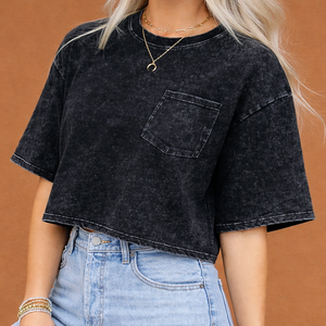 เสื้อยืดผู้หญิงผ้าฝ้ายเฟรนช์เทอร์รี่แบบลำลอง ตกแต่งด้วยลูกปัดและโลโก้แบบสั่งทำพิเศษ ผลิตโดย OEM ผ่านกระบวนการ Acid Wash พร้อมกระเป๋าเสื้อ หนานุ่ม คุณภาพดี - Product Image 1