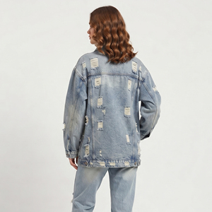 100% Cotton Winter Distressed Denim Jacket Women Oversized Jeans Coat Ladies Oversize Distress Jean Coat Oversize Denim Jackets - Product Image 4