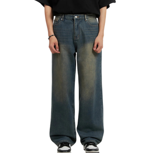 กางเกงยีนส์วินเทจทรงหลวมสำหรับผู้ชาย ทรงตรง สไตล์ลำลอง ผ้าฝ้ายนุ่ม สตรีทแวร์ สีน้ำเงินคลาสสิก สำหรับฤดูร้อนและฤดูใบไม้ร่วง ขายส่ง - Product Image 1