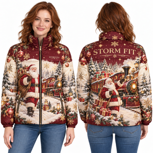 Custom Women's Christmas <b>Santa</b> Train Puffer Jacket sublimation Satin Quilted Winter Coat Zip Up <b>Stand</b> Collar - Product Image 4