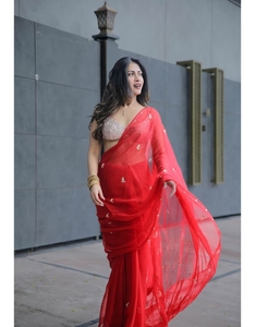 KV Cerise <b>Red</b> Chiffon Work Saree With Unstitched <b>Blouse</b> - Product Image 5
