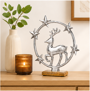 Handmade Modern Metal Reindeer Sculpture With Star Halo Premium Aluminum Christmas Tabletop <b>Decoration</b> on Mango Wood Base - Product Image 6