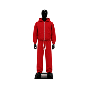 Rotes Herren-Trainingsanzug-Set mit Reißverschluss-Hoodie, Einfarbiger Fleece-Pullover und Jogginghose, Lässige Streetwear, Sportliche Zweiteiler-Kombination - Product Image 1
