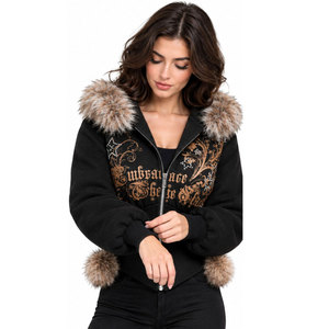 Women's <b>Black</b> Hooded Zip-Up <b>Jacket</b> With Faux Fur Collar And Pom Poms Embossed Letter Design Winter Wear Hoodies - Product Image 2
