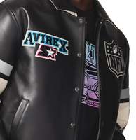 Veste universitaire noire Avirex avec patch brodé, fermeture à boutons sur le devant, en cuir, décontractée, imperméable, coupe-vent, respirante pour l'hiver