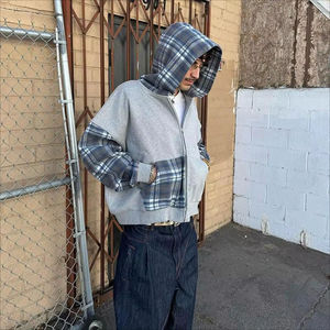 Men's Gray Plaid Patchwork Pullover Hoodie Casual Sweatshirt Oversized Fit Winter Eco-Friendly Acid Wash Hooded Breathable - Product Image 3