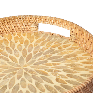 Bandeja de Ratán, Bandeja Redonda Tejida con Incrustaciones de Madreperla, Bandeja de Servicio de Lujo con Mosaico de Conchas para Decoración del Hogar y Hostelería - Product Image 3
