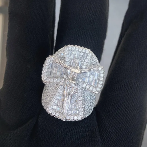 Women's Unisex Yellow <b>Gold</b> Vintage <b>Cocktail</b> <b>Ring</b> with Round Cut Moissanite Diamond Prong Setting Cross Party Religious Style - Product Image 2
