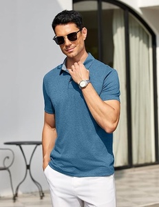 Polo de Manga Corta Azul para Hombre, Color Sólido, Tejido de Algodón, Ropa Casual - Product Image 1