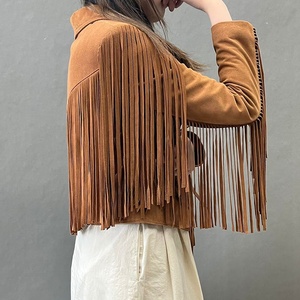 Brown <b>Suede</b> Leather <b>Jacket</b> with Tassel Fringe Turn-down Collar Casual Autumn Slim Fit Short Length Breathable <b>Men</b> - Product Image 4