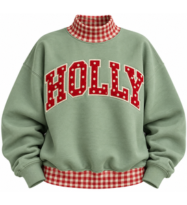 Sudadera navideña extragrande personalizada para mujer, cuello simulado, tela a cuadros, lunares, apliques de letras, bordado con puntada satinada. - Product Image 6