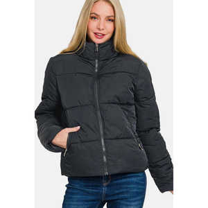 Chaqueta Acolchada Negra con Cierre y Cuello Alto para Mujer, con Bolsillos Prácticos, Talla S - Product Image 2