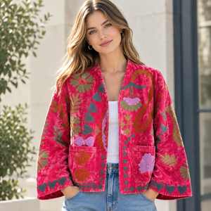 <b>Women's</b> Red <b>Velvet</b> Embroidered Floral <b>Jacket</b> Boho Open Front Coat <b>Women</b> Floral Embroidered <b>Jacket</b> <b>Women</b> Boho <b>Jacket</b> - Product Image 1