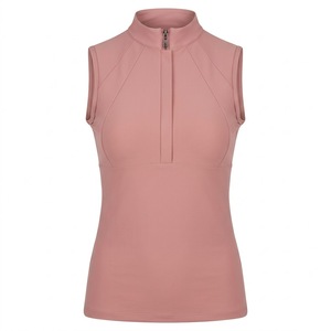 High Quality <b>Women's</b> Sleeveless Zip Up Top Solid <b>Pink</b> Mock Neck Horse Riding Shirt - Product Image 1