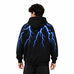 Sweat à capuche unisexe OME brodé motif éclair, manches longues, cordon de serrage, poche, coupe décontractée, 100 % coton, vente en gros B2B - Product Image 4