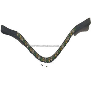 Bande de sourcils de cheval en cuir noir anglais de haute qualité sur mesure avec 1 rangée de cristaux vert clair et clairs Mega Bling Brow Band - Product Image 1