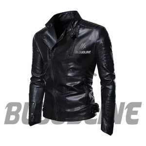 BLOODLINE Men's Black PU Leather Moto <b>Biker</b> <b>Jacket</b> Slim Fit Zipper Closure Stand Collar Autumn Wear - Product Image 2